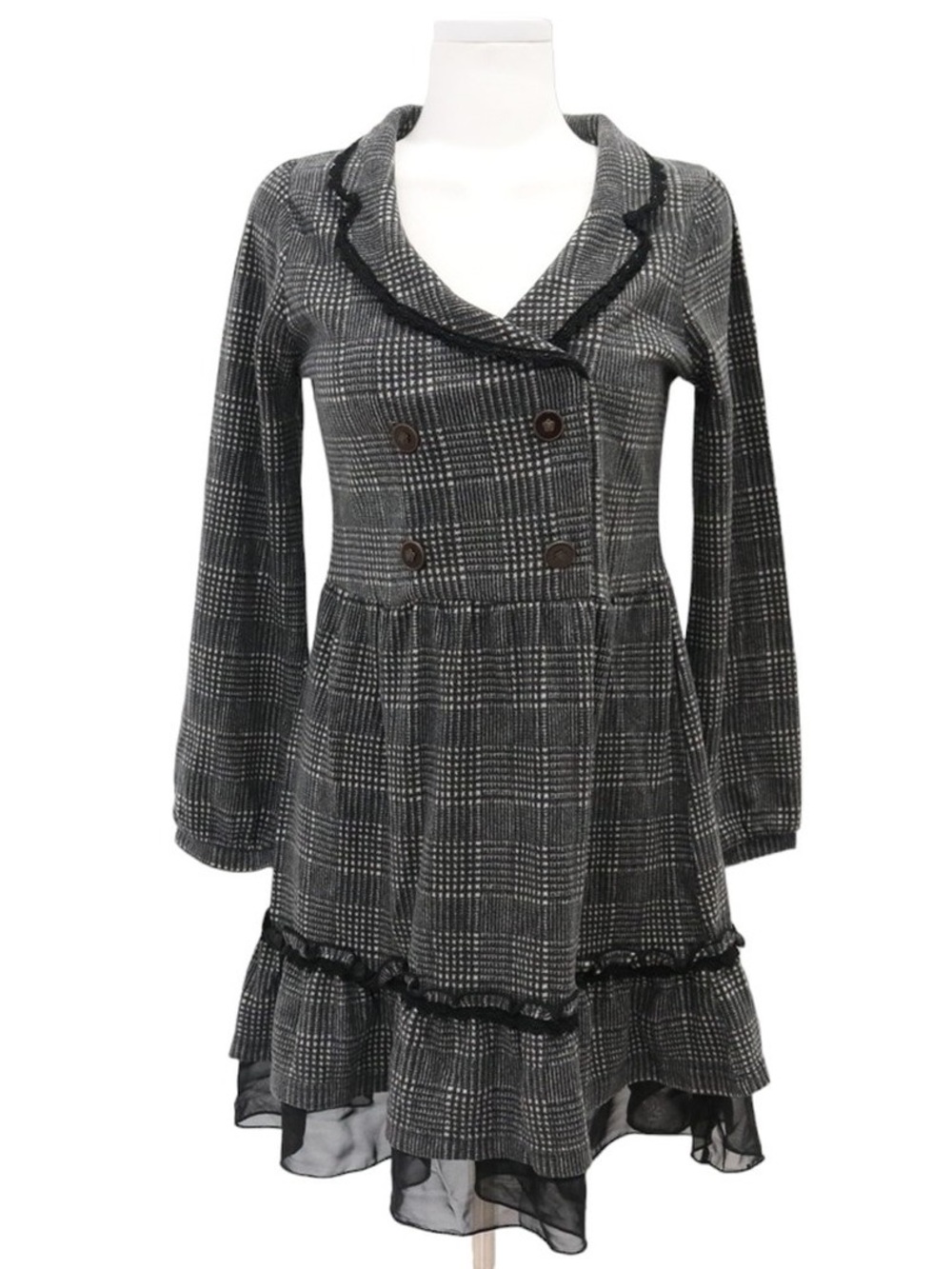 Women's Black and Gray Plaid Long-Sleeve Ruffle Dress